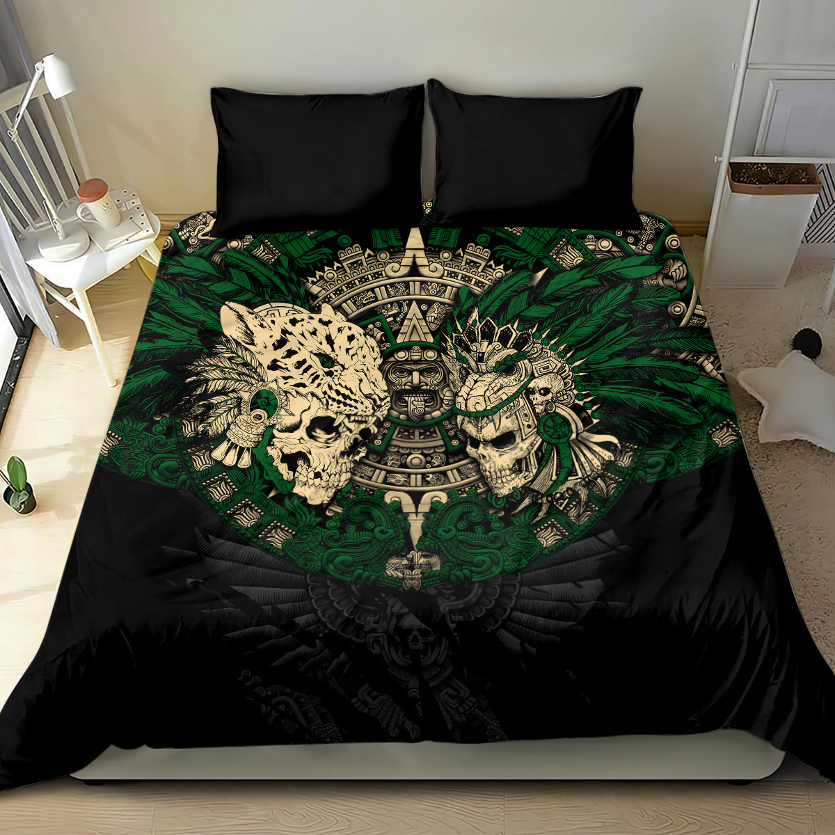 Black and green skull warrior bedding set with central headdress graphic and two matching pillows