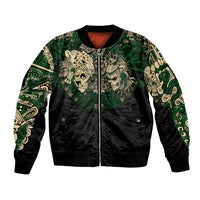 Unisex bomber jacket with green tribal skull graphics and black zip front