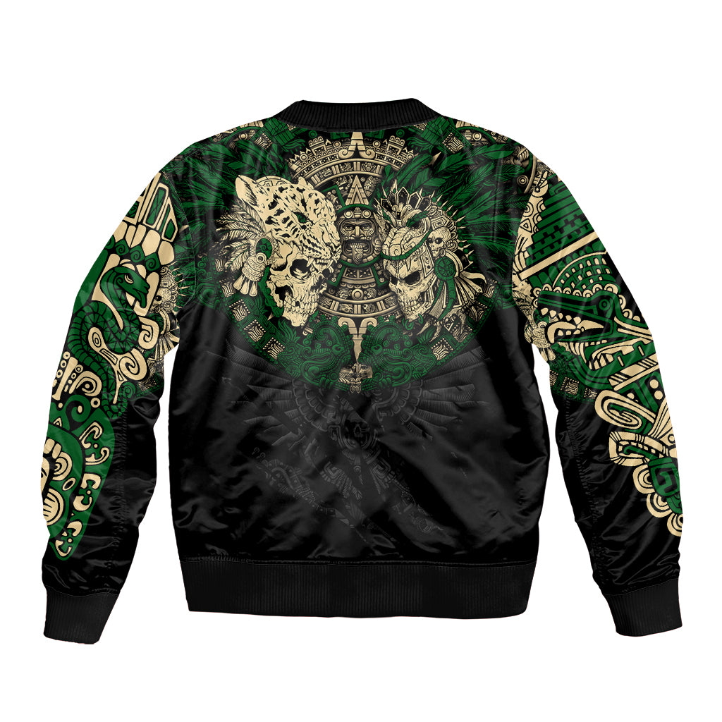 Unisex bomber jacket featuring green aztec skull center panel and ribbed cuffs