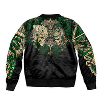 Unisex bomber jacket featuring green aztec skull center panel and ribbed cuffs