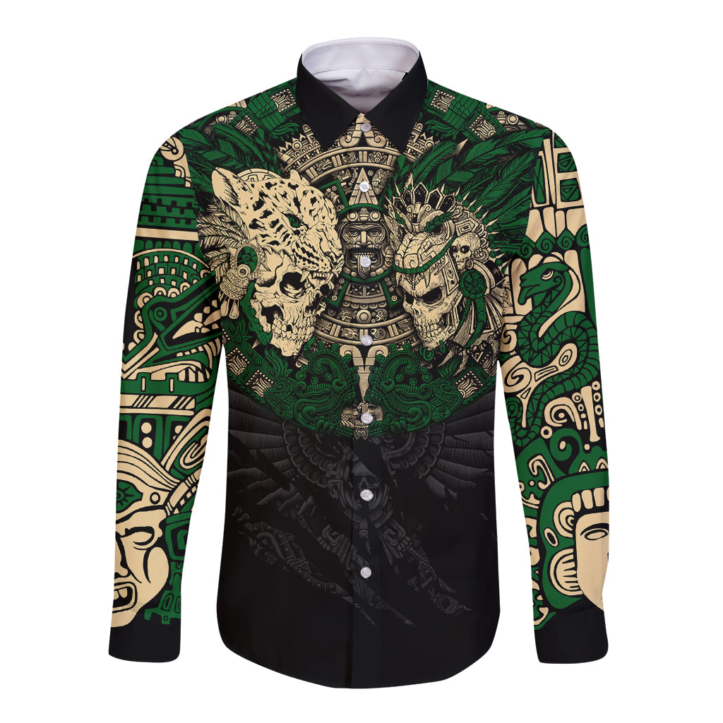 Aztec Warrior Skulls Long Sleeve Button Shirt - Wonder Print Shop