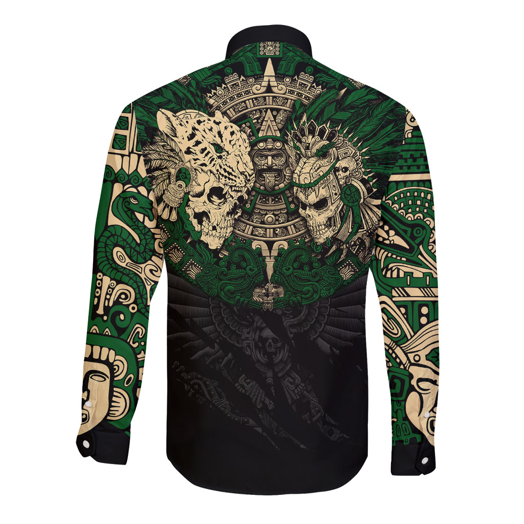 Aztec warrior skulls long-sleeve button shirt, black with green and gold back print