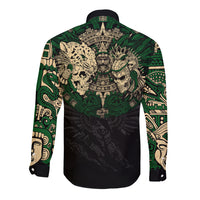 Aztec warrior skulls long-sleeve button shirt, black with green and gold back print