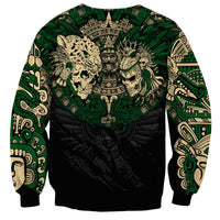 Unisex crewneck sweatshirt, black with green Aztec warrior skull headdress print