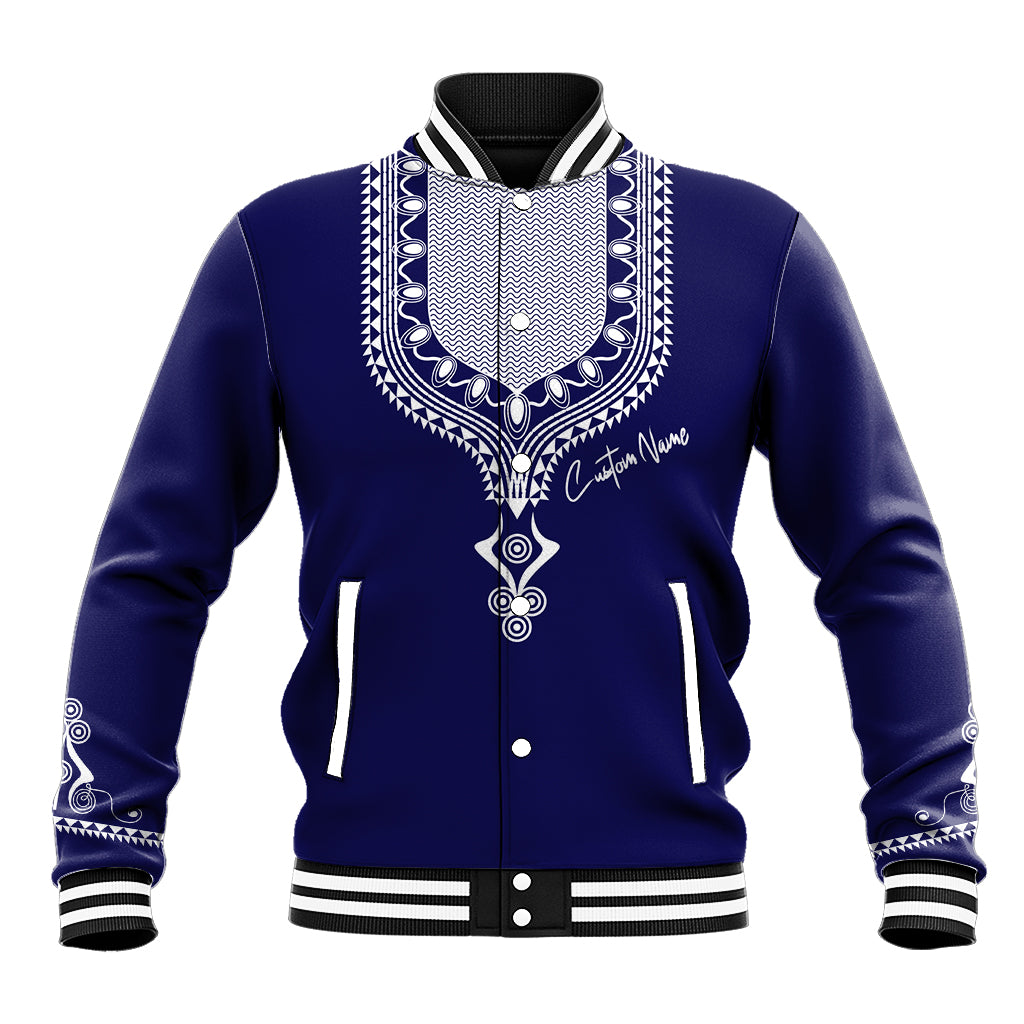Blue printed dashiki baseball jacket with stand collar, snap front, ribbed cuffs & hem