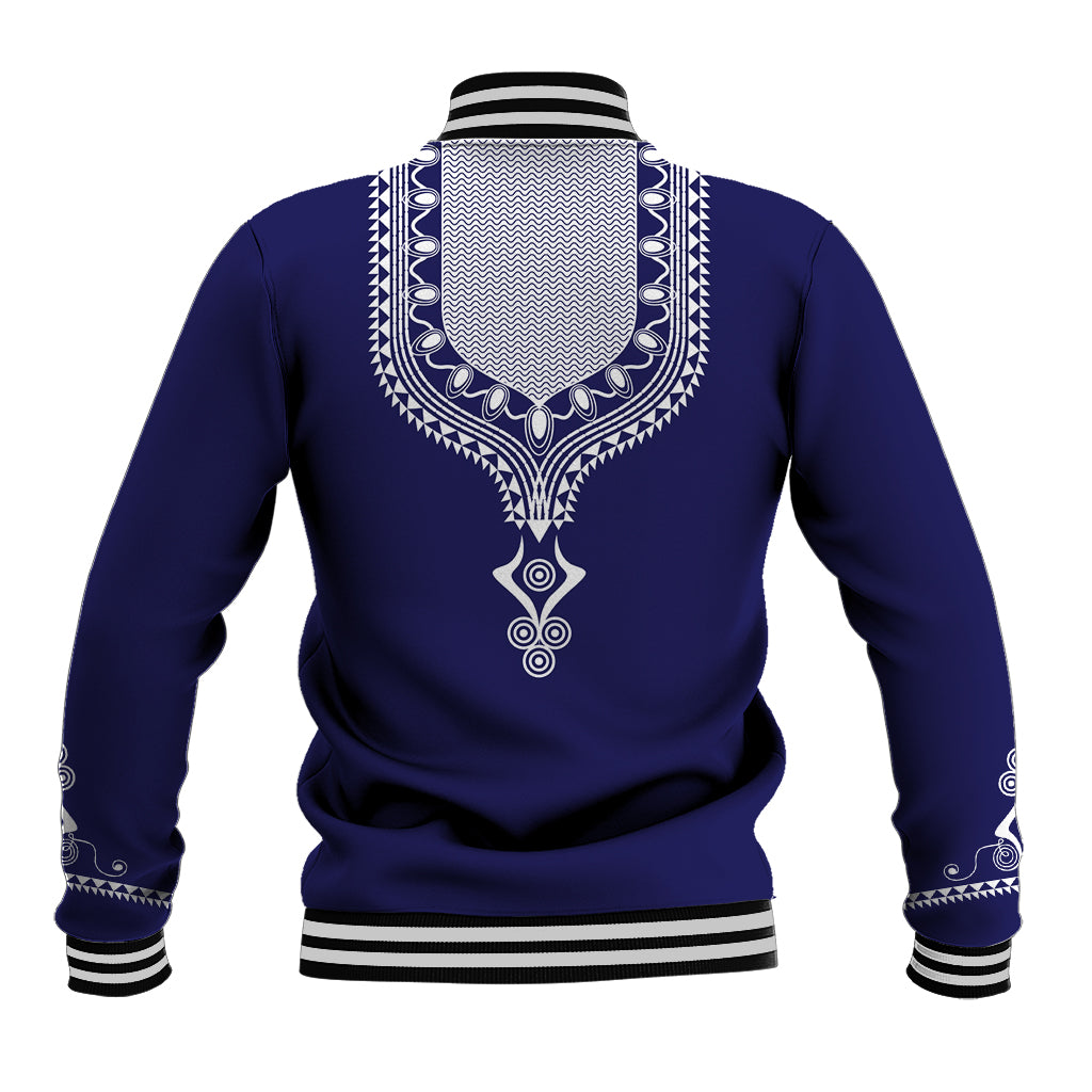 Blue printed dashiki baseball jacket back with large dashiki graphic, ribbed collar & cuffs
