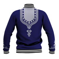 Blue printed dashiki baseball jacket back with large dashiki graphic, ribbed collar & cuffs