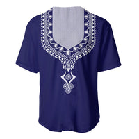 Blue dashiki print baseball jersey, short sleeves, V-shaped yoke graphic on back