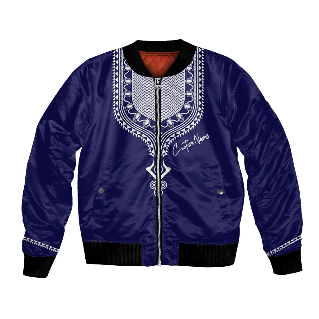 Unisex blue bomber jacket with zip front, dashiki-style white trim and black ribbed hem