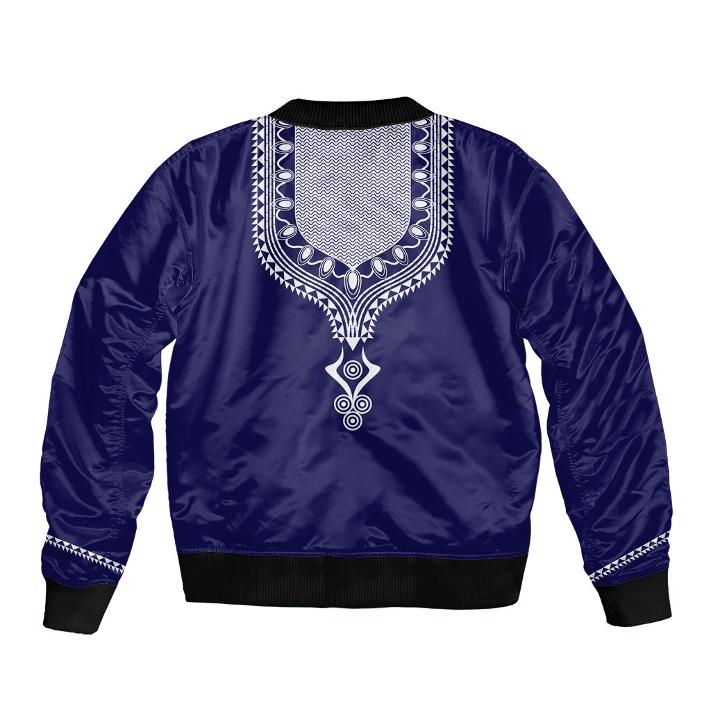 Unisex blue bomber jacket back with dashiki print, white yoke and black ribbed cuffs