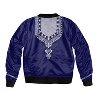 Unisex blue bomber jacket back with dashiki print, white yoke and black ribbed cuffs