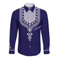 Unisex blue dashiki button-up shirt with white printed yoke and long sleeves