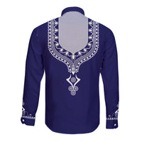 Unisex blue dashiki long-sleeve button-up shirt, back view with white tribal print