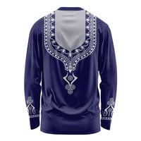 Blue long-sleeve dashiki shirt with white geometric back yoke print