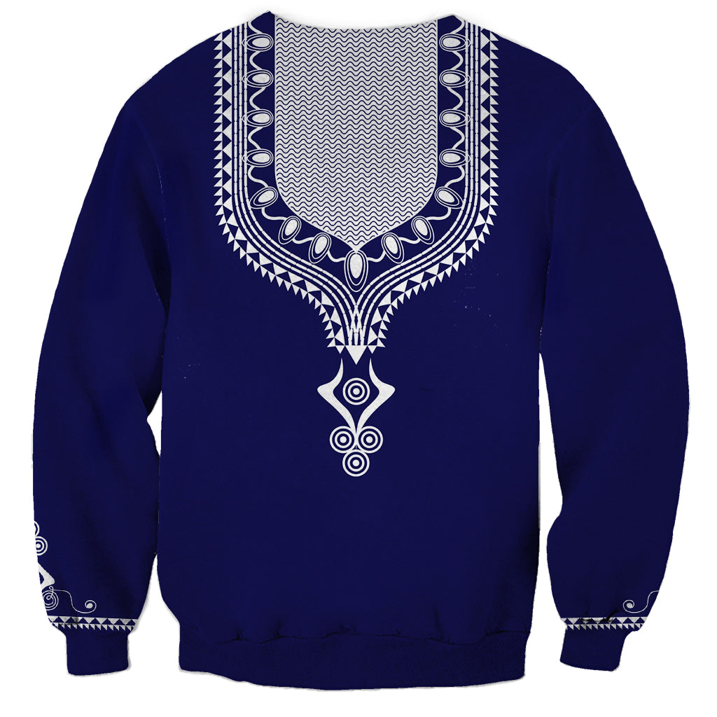 Blue unisex dashiki print sweatshirt, back view with central ornate graphic