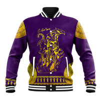 Purple baseball jacket with gold Egyptian animal graphic, striped ribbed collar and cuffs.