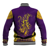 Purple baseball jacket with gold Egyptian back graphic, striped ribbed collar, hem and cuffs.