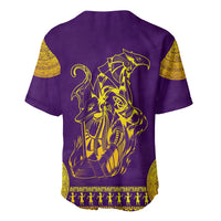 Purple V-neck baseball jersey with gold Egyptian dog and falcon graphic on back