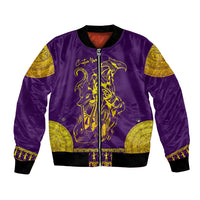 Purple satin bomber jacket with gold Egyptian-style Anubis and Horus graphic, zip front