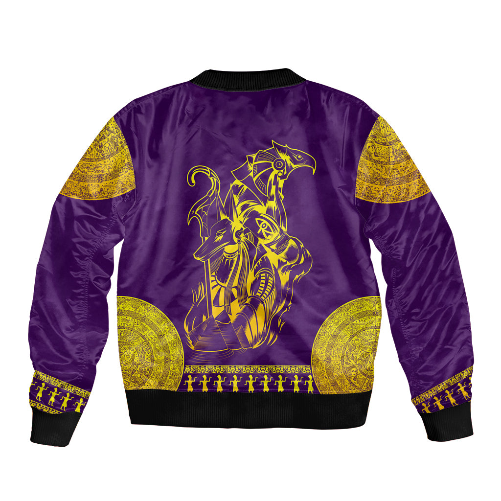 Purple satin bomber jacket, back view with gold Egyptian-style Anubis and Horus artwork