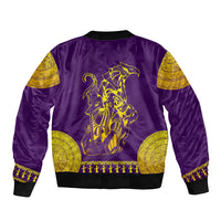 Purple satin bomber jacket, back view with gold Egyptian-style Anubis and Horus artwork