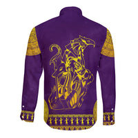 Purple long-sleeve button shirt with back gold Anubis and Horus graphic