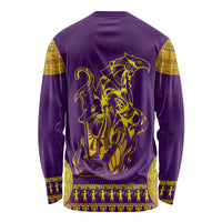 Purple long-sleeve shirt with gold and green Anubis and Horus back graphic