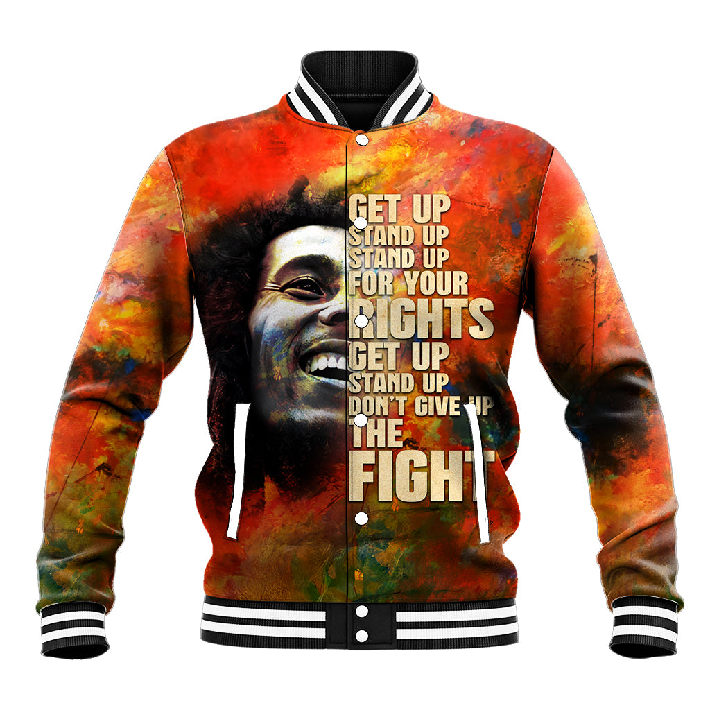 Baseball varsity jacket with orange, yellow, green artwork; ribbed striped collar and cuffs