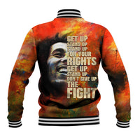Back view baseball varsity jacket with multicolor text and portrait; ribbed striped collar and hem
