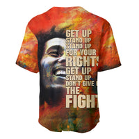 Baseball jersey with large portrait text print, red orange yellow splatter, V-neck front