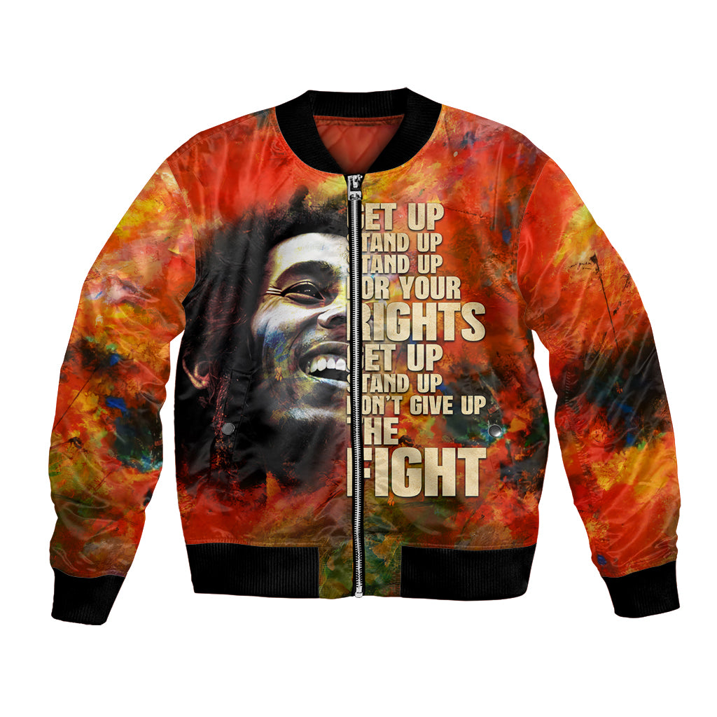 Unisex bomber jacket with red-orange tie-dye and black graphic face on front