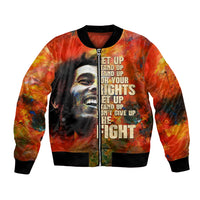 Unisex bomber jacket with red-orange tie-dye and black graphic face on front
