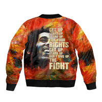 Unisex bomber jacket with red-orange tie-dye and large back text with face graphic