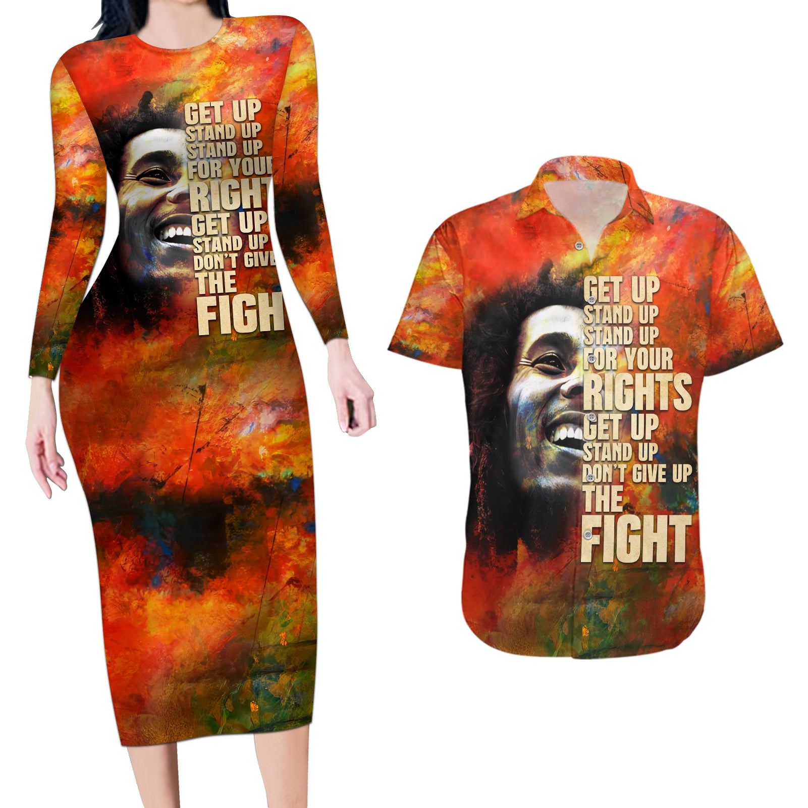 Reggae Legend Bob Couples Matching Long Sleeve Bodycon Dress and Hawaiian Shirt Retro Style - Wonder Print Shop