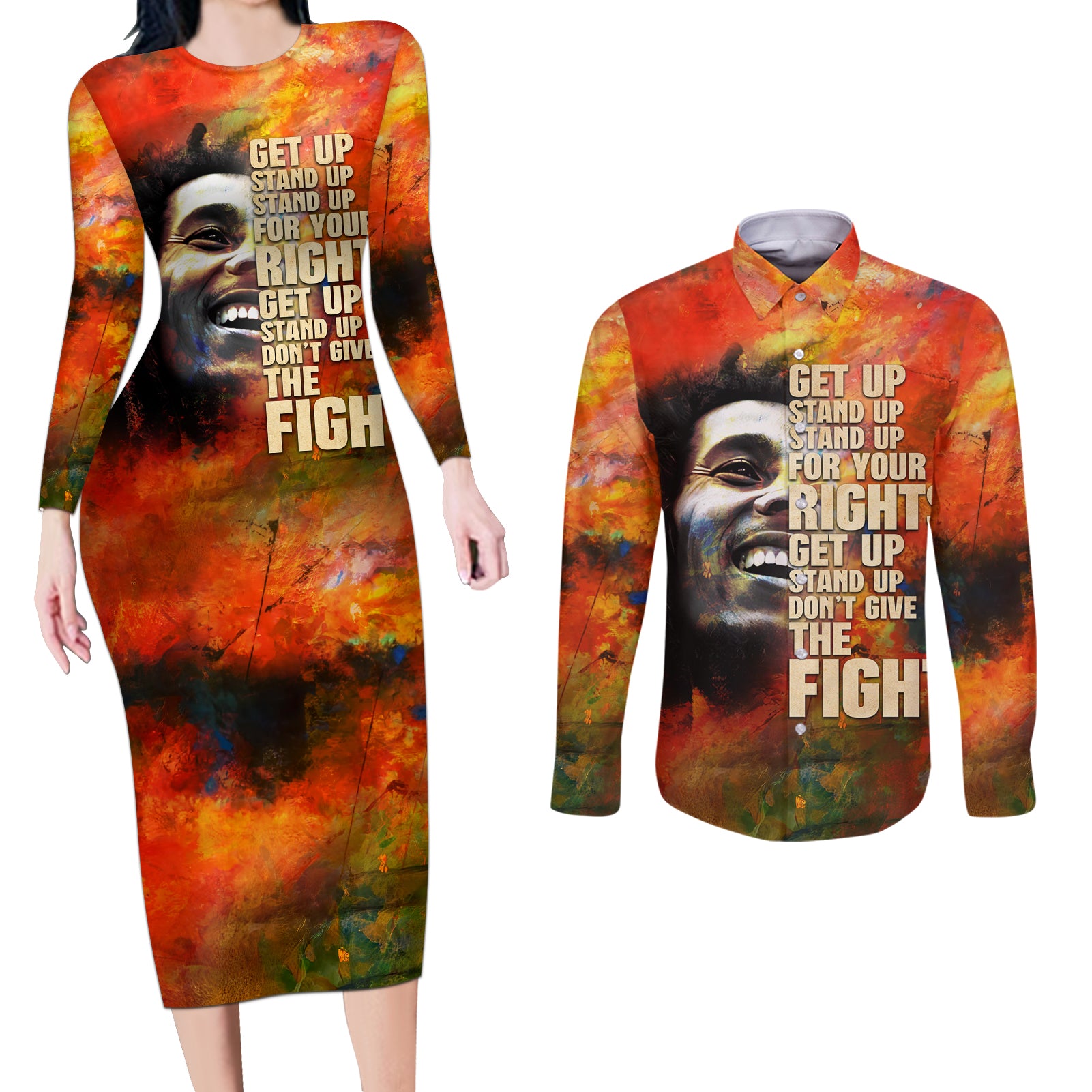 Reggae Legend Bob Couples Matching Long Sleeve Bodycon Dress and Long Sleeve Button Shirt Retro Style - Wonder Print Shop