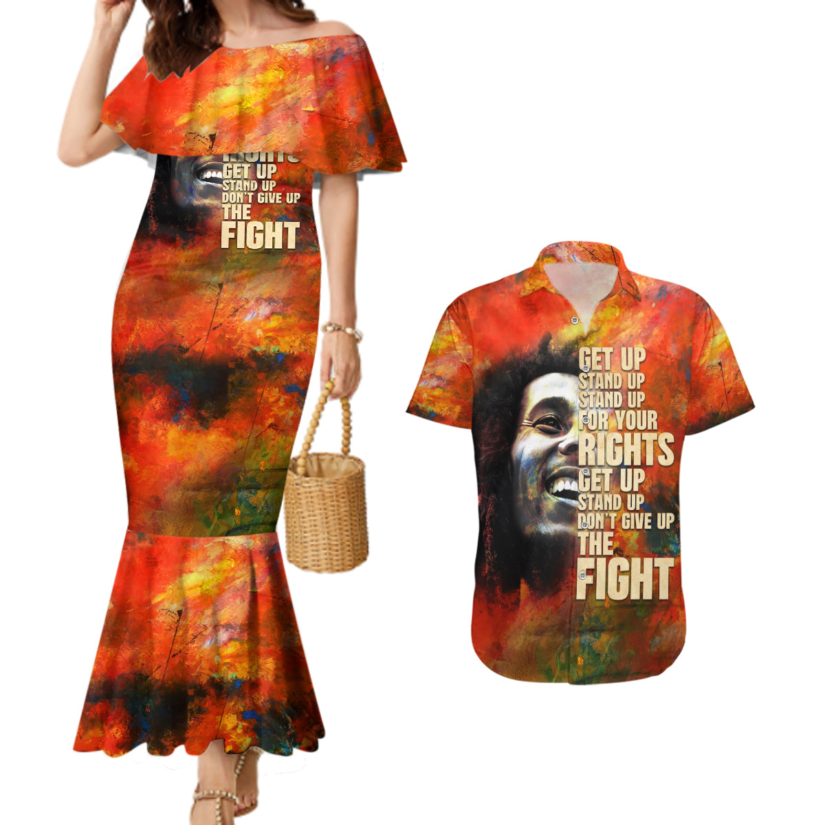 Reggae Legend Bob Couples Matching Mermaid Dress and Hawaiian Shirt Retro Style - Wonder Print Shop