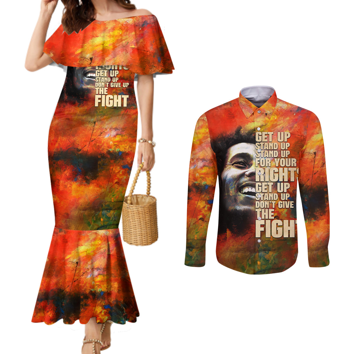 Reggae Bob Marley Couples Matching Mermaid Dress and Long Sleeve Button Shirt Retro Style