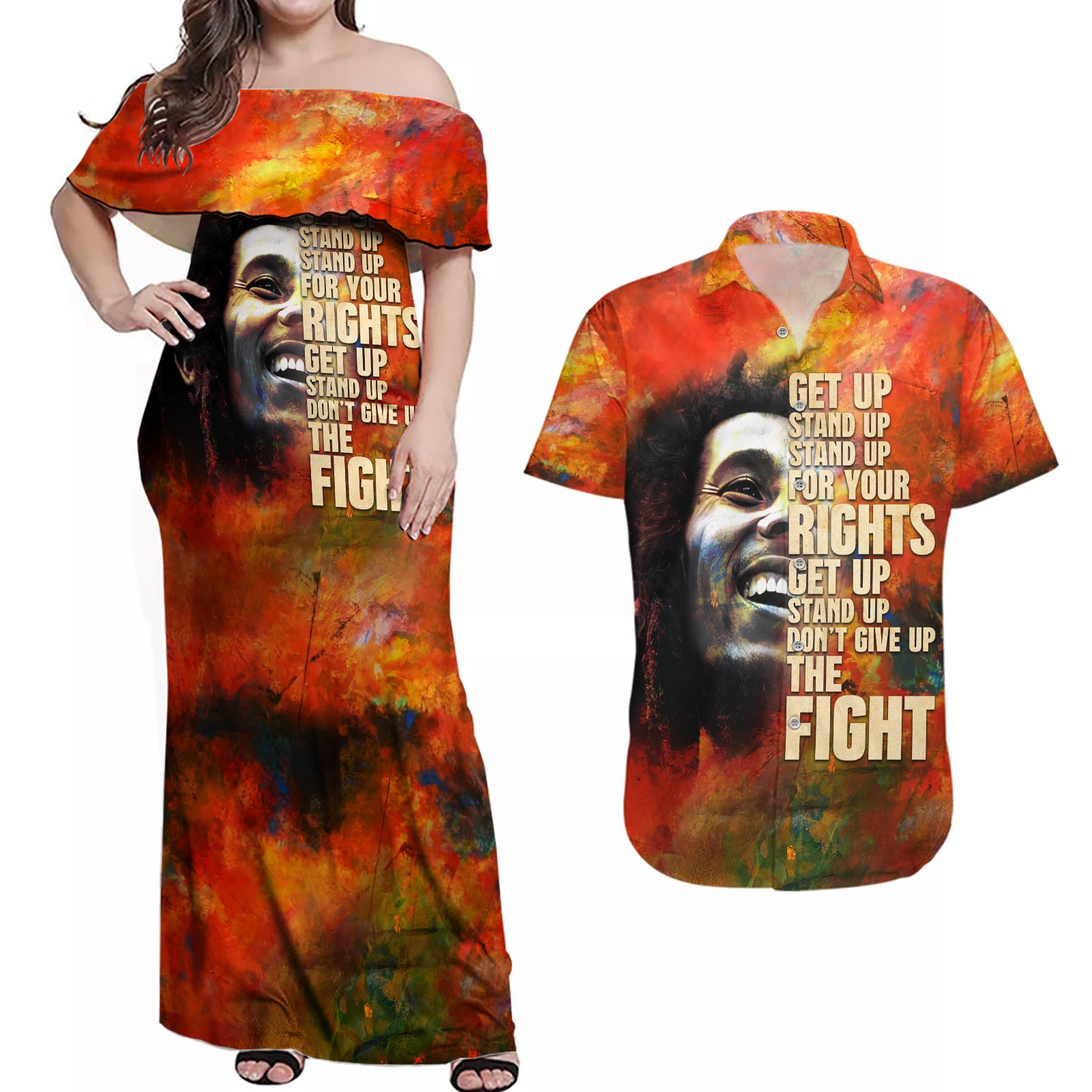 Reggae Legend Bob Couples Matching Off Shoulder Maxi Dress and Hawaiian Shirt Retro Style - Wonder Print Shop