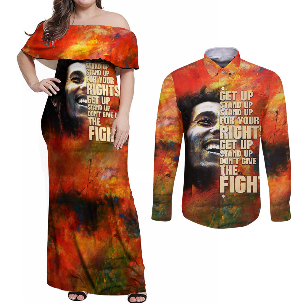 Reggae Legend Bob Couples Matching Off Shoulder Maxi Dress and Long Sleeve Button Shirt Retro Style - Wonder Print Shop