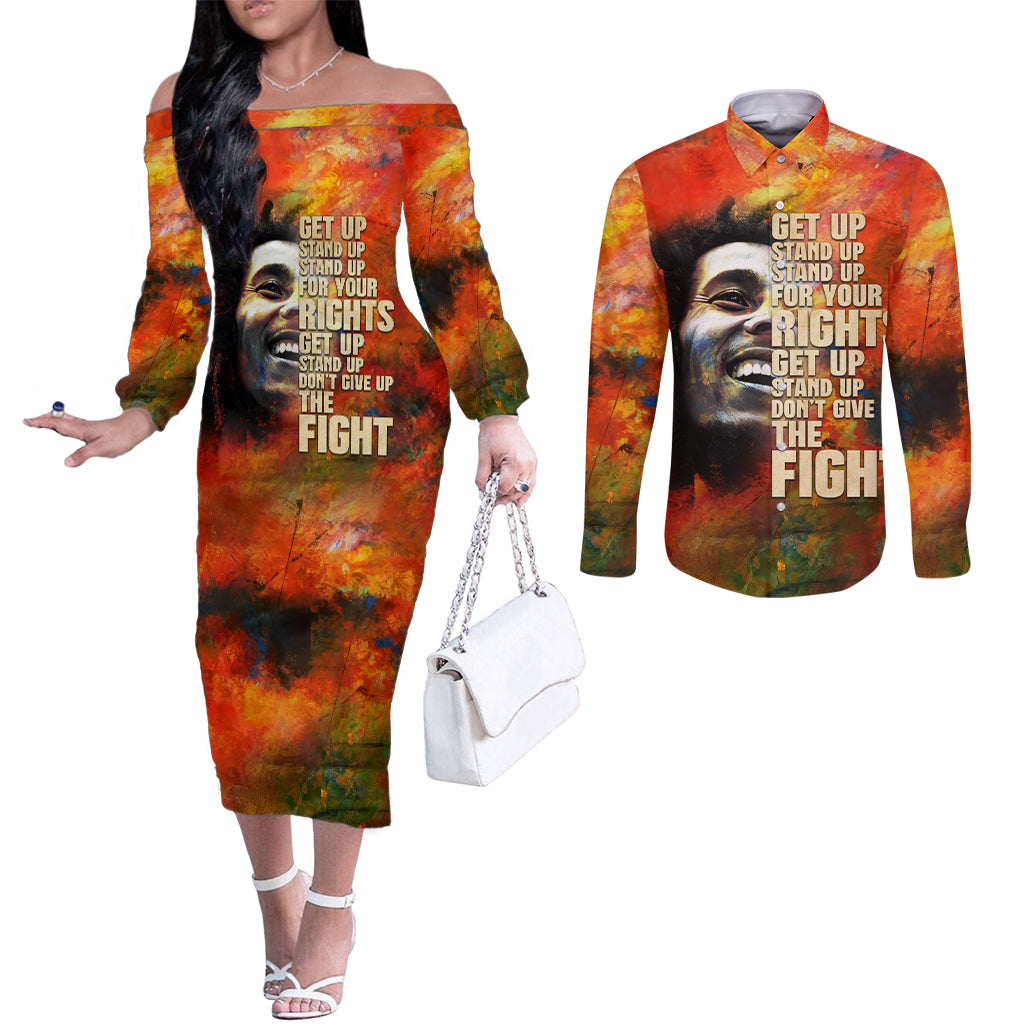 Reggae Bob Marley Couples Matching Off The Shoulder Long Sleeve Dress and Long Sleeve Button Shirt Retro Style