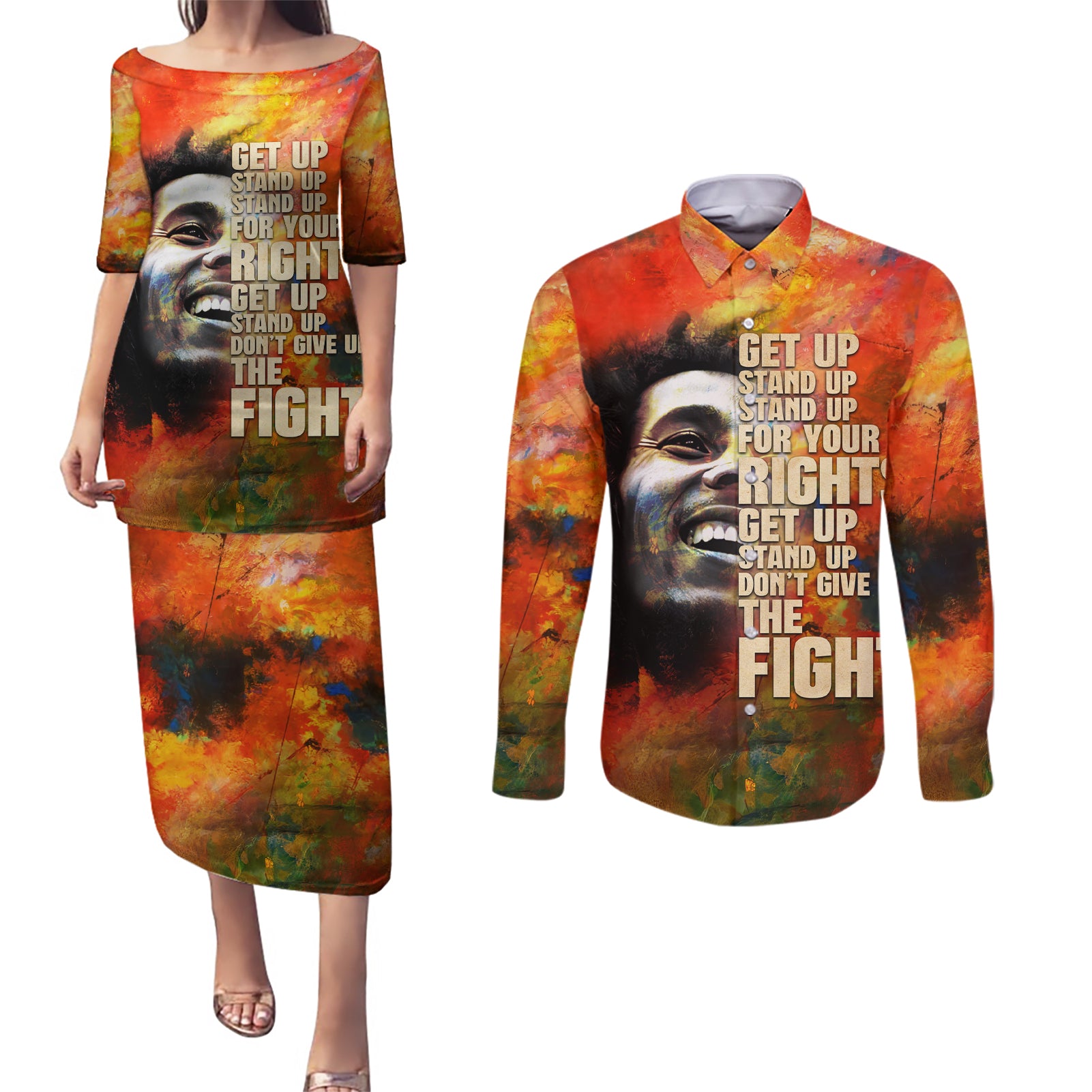 Reggae Legend Bob Couples Matching Puletasi and Long Sleeve Button Shirt Retro Style - Wonder Print Shop