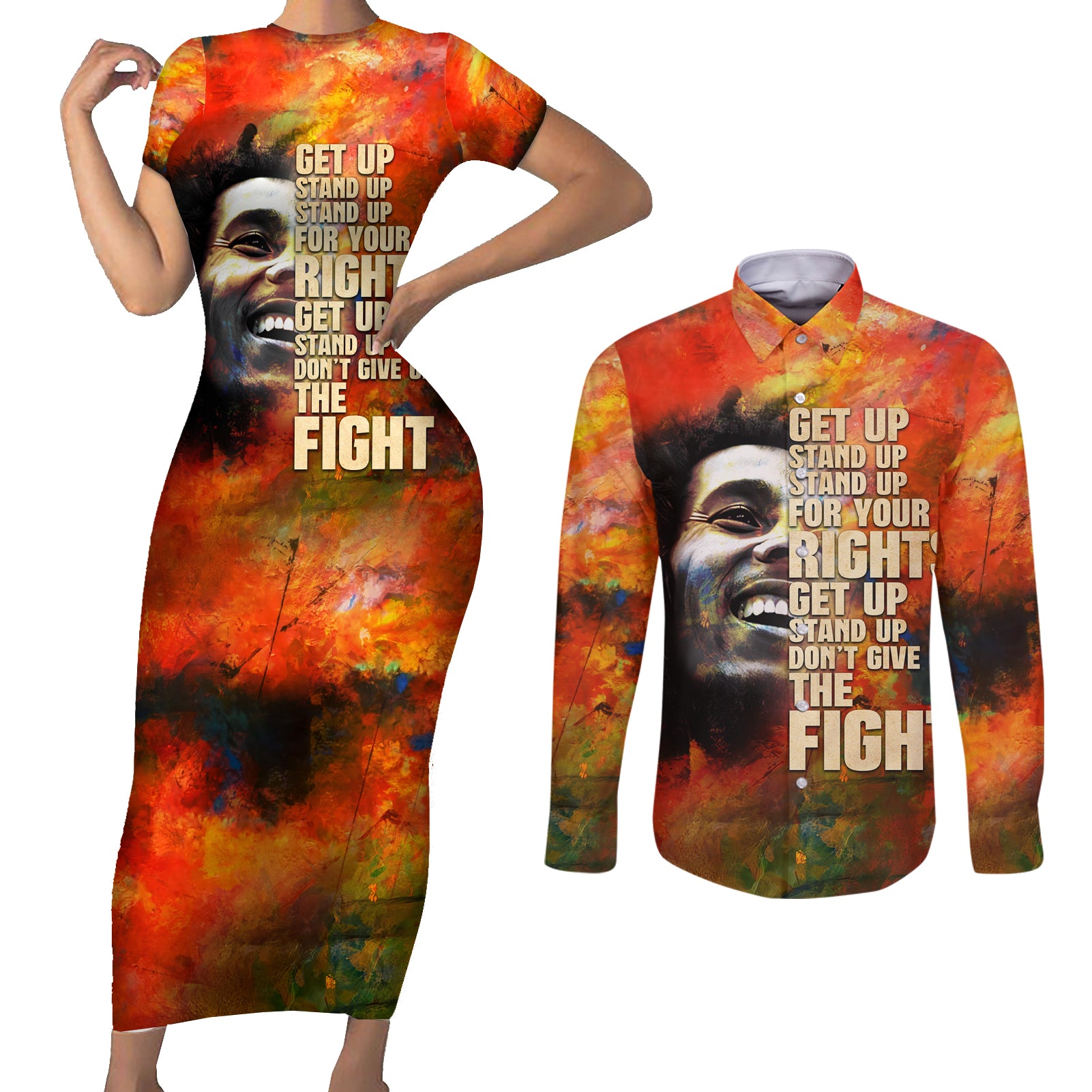 Reggae Legend Bob Couples Matching Short Sleeve Bodycon Dress and Long Sleeve Button Shirt Retro Style - Wonder Print Shop