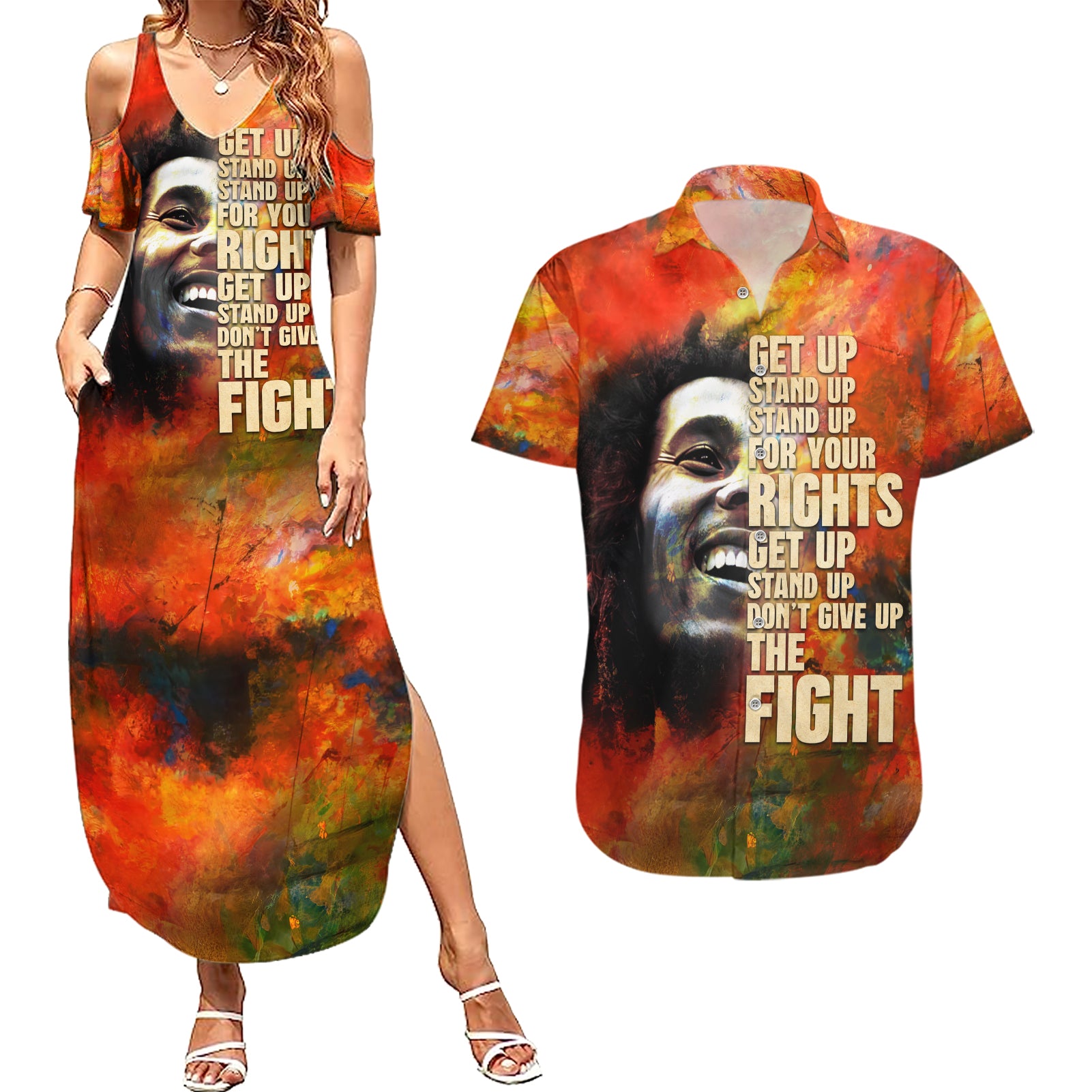 Reggae Legend Bob Couples Matching Summer Maxi Dress and Hawaiian Shirt Retro Style - Wonder Print Shop