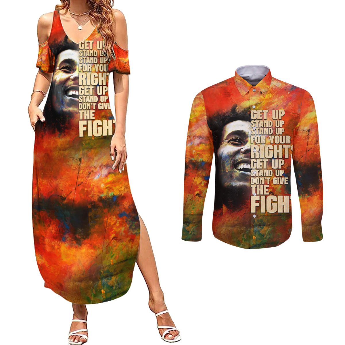 Reggae Legend Bob Couples Matching Summer Maxi Dress and Long Sleeve Button Shirt Retro Style - Wonder Print Shop