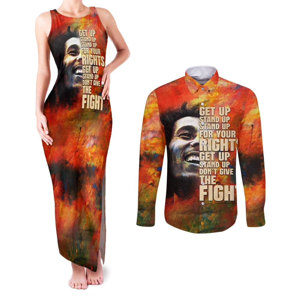 Reggae Legend Bob Couples Matching Tank Maxi Dress and Long Sleeve Button Shirt Retro Style - Wonder Print Shop