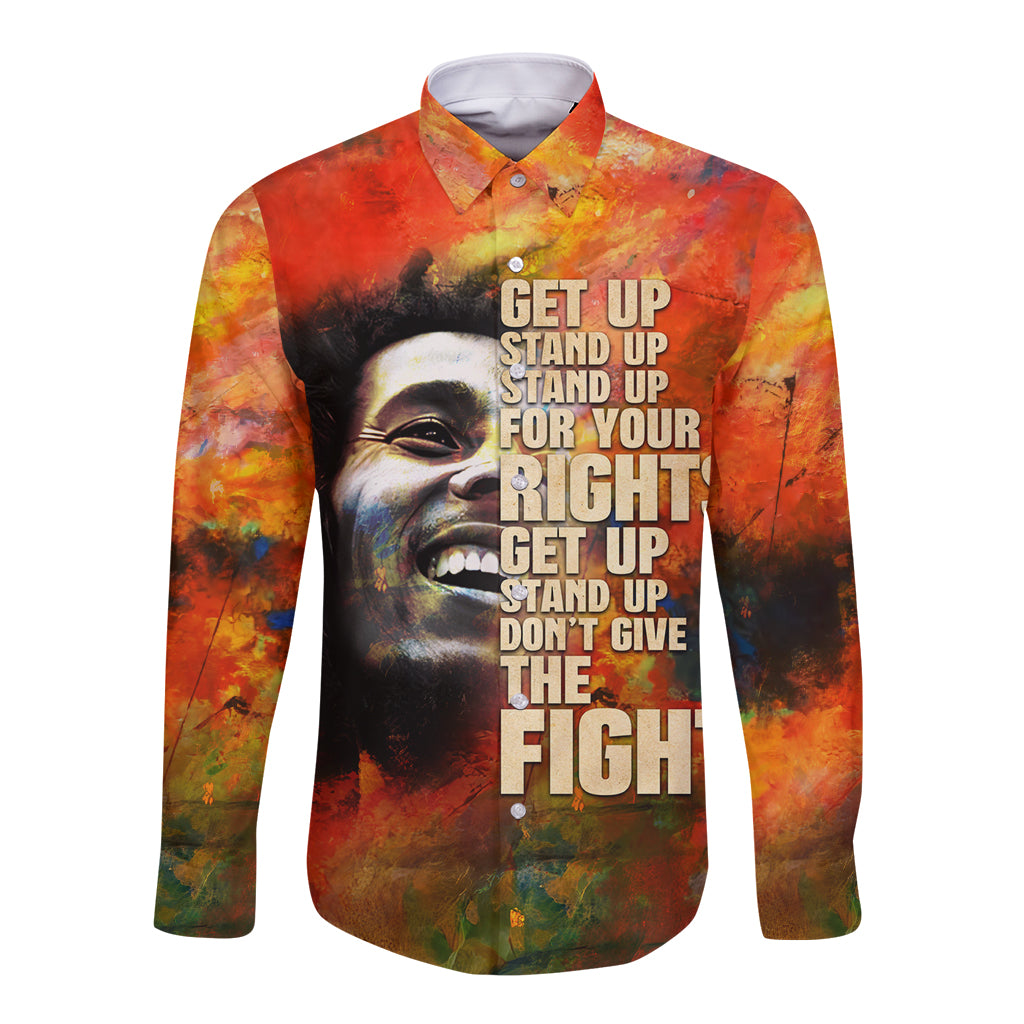 Unisex long-sleeve button shirt with orange graphic face and motivational text