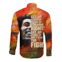 Unisex long-sleeve button shirt, back view, orange graphic portrait with large text
