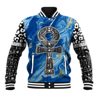 Blue baseball jacket with patterned sleeves and large front cross graphic