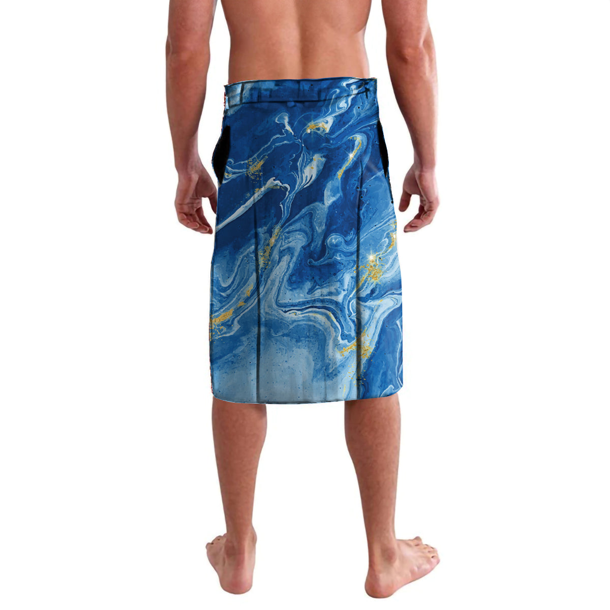 Blue patterned lavalava with side drape and allover swirl print