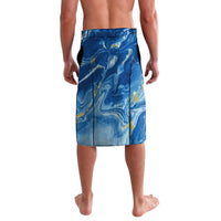 Blue patterned lavalava with side drape and allover swirl print